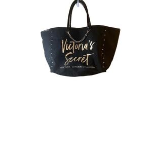 Victorias Secret Black Tote Love Victoria Chain Handle Gold Studs